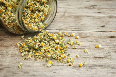 A glass jar tipped over on a wooden surface, spilling dried chamomile flowers with white petals and yellow centers.