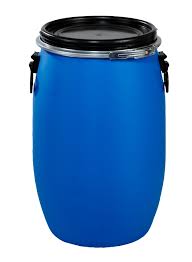 A blue plastic drum with a black lid and locking metal clamps. beer equipment