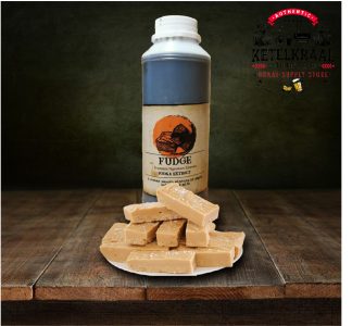 A bottle of Fudge Premium Signature Essence Vodka Extract placed next to a plate of fudge pieces on a wooden surface, with the Ketelkraal brand logo in the background.