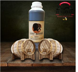 A bottle of "Lost Barrel Brandy" essence stands behind three miniature wooden barrels on a wooden surface with the logo of "Ketelkraal Distilling Academy & Braai Supply Store" on a dark textured background.