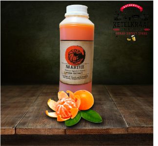 A bottle of Naartjie vodka extract on a wooden table with a peeled naartjie (tangerine) next to it, against a dark backdrop with the logo of "Ketelkraal Distilling Academy – Braai Supply Store".