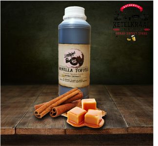 A bottle of Vanilla Toffee vodka extract is displayed on a wooden surface next to pieces of toffee and cinnamon sticks, with a low-key background featuring the logo of Ketelkraal, identified as a distillery and braai-supply store.