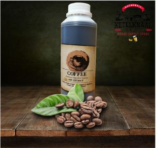A bottle of coffee extract labeled "COFFEE Premium Signature Essence GIN EXTRACT" on a wooden surface, surrounded by coffee beans and green leaves, with a dark textured backdrop and a logo reading "KETELKRAAL DISTILLERY BRAAI-SUPPLY STORE" in the background.