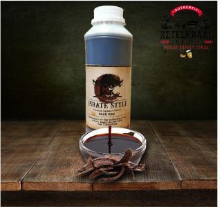 A bottle with a "Pirate Style Dark Rum" label sits on a wooden surface next to an open circular container filled with dark liquid and some vanilla pods. The background features a dark olive green texture with a "Ketelkraal Distillery Brewery Braai-Supply Store" emblem.