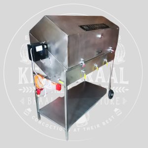 A stainless steel industrial meat roasting machine with multiple rotisserie skewers, temperature control box, and a lower storage shelf on wheels.